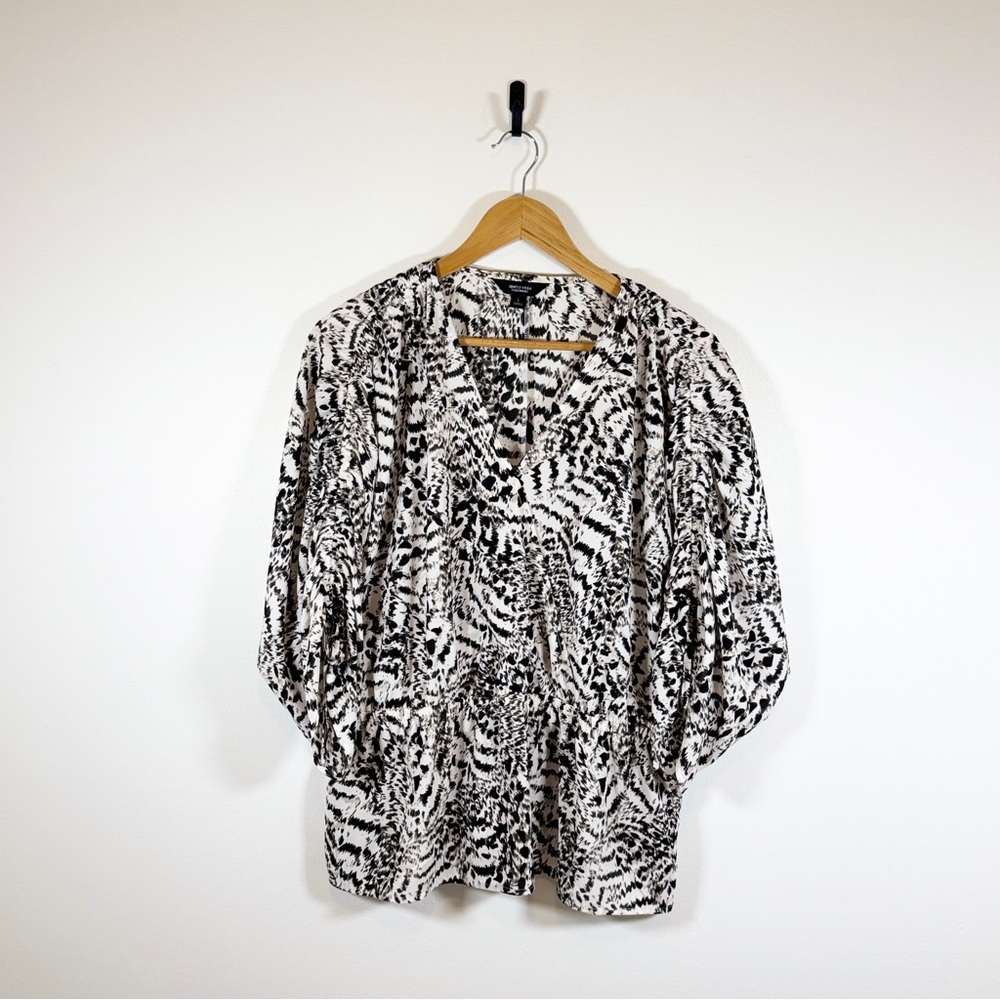 Simply Vera Vera Wang Black and White Abstract Faux Wrap Flared Bottom Blouse